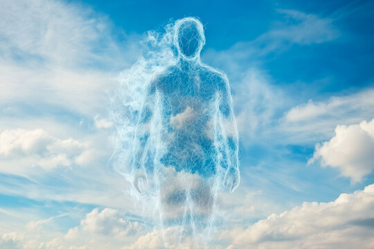 A digital human figure, made of glowing lines and particles, emerges against a backdrop of clouds