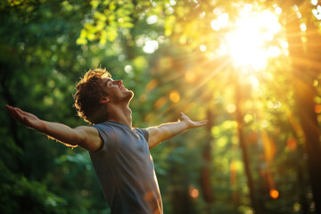Young man with arms outstretched, embracing the warm sunlight in a lush green forest, experiencing a moment of peace and joy