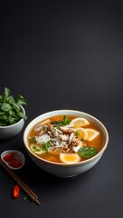 Traditional Vietnamese Soup Pho Bo with Rice Noodles, Beef and Herbs, Asian Cuisine