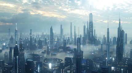 Naklejka premium A cityscape with tall buildings and a foggy atmosphere