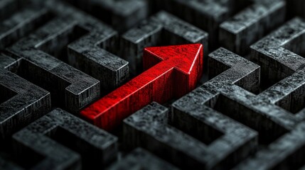 Black maze with red arrow and intricate patterns, symbolizing urgency and difficulty, stands out against dark background.