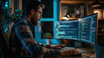 Obraz premium A man is sitting at a desk with two computer monitors in front of him