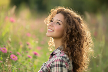 Portrait of a young woman with curly brown hair smiling in a field of pink flowers, enjoying a sunny day outdoors