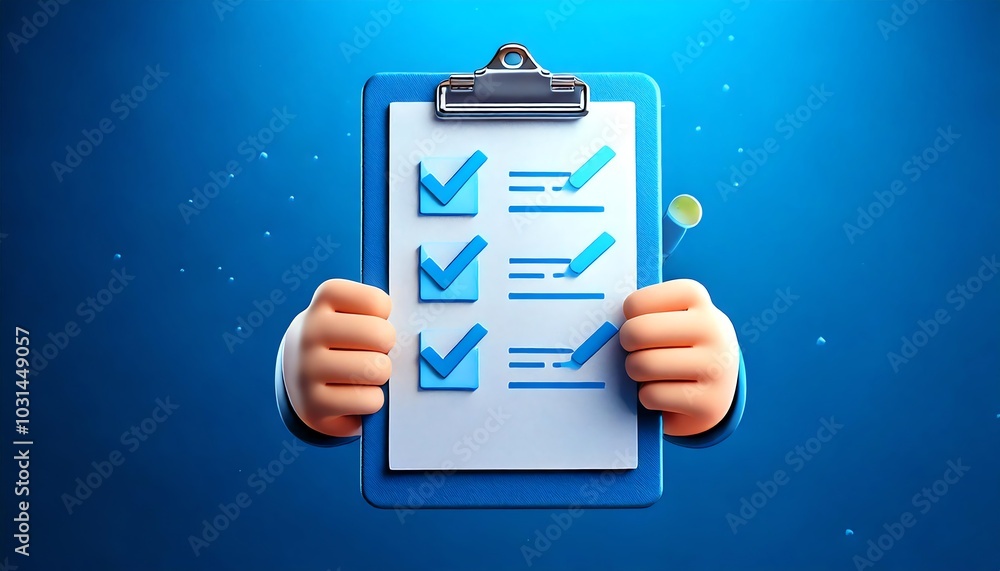 Poster a person holds a clipboard with checked items, symbolizing task completion and organization against 