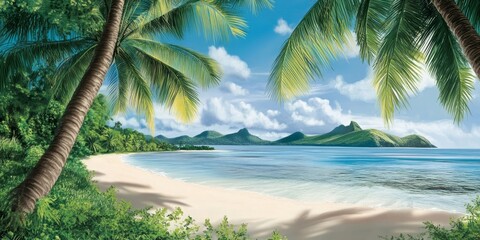 Lush Tropical Island Featuring Palm Trees and Sandy Beach, Capturing the Essence of Island Paradise and Vacation Bliss in a Vibrant Tropical Scene.