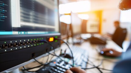 Technician in modern office maintaining network server, surrounded by cables and routers, showcasing focus and professionalism in IT infrastructure management.