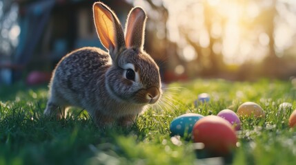 Fototapeta premium Playful Easter bunny hopping in the grass, with brightly colored Easter eggs scattered around on a warm spring day.