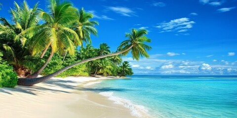 Lush Tropical Island Featuring Palm Trees and Sandy Beach, Capturing the Essence of Island Paradise and Vacation Bliss in a Vibrant Tropical Scene.