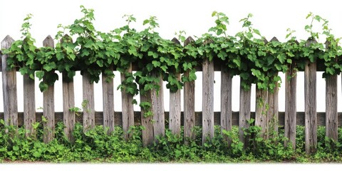 Naklejka premium Overgrown Wooden Fence Covered with Green Vines on White Background, Representing Nature Reclaiming Rustic Structures, Ideal for Gardening and Eco-Friendly Design Concepts.