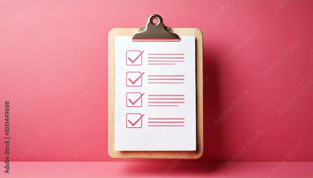 Poster a clipboard displaying a checklist with checkmarks and blank lines, set against a vibrant pink backg