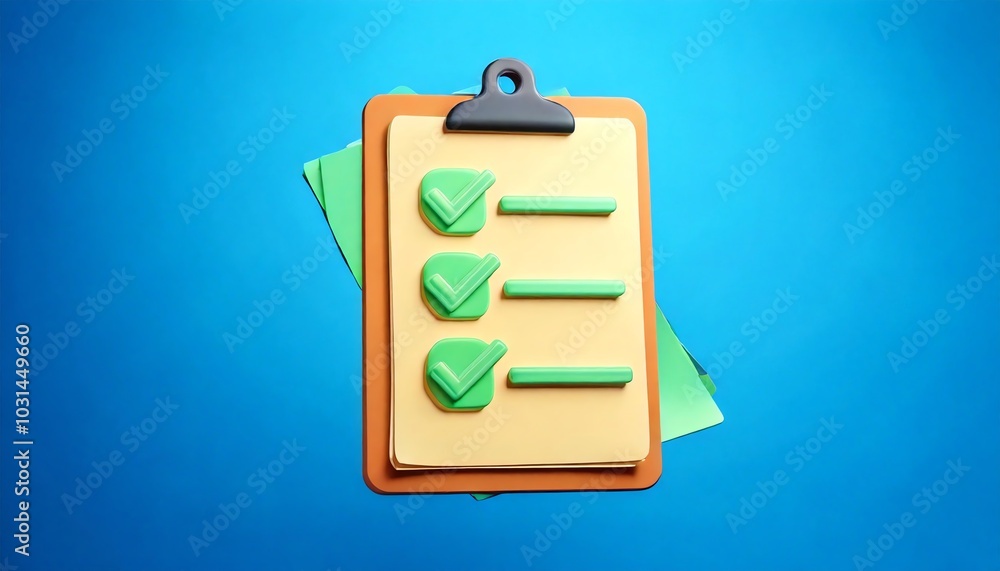 Poster a colorful checklist with green checkmarks on a clipboard, set against a blue background, symbolizin