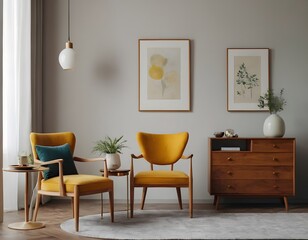 Modern aesthetic living room clean and minimal with chairs mockup frames and table with drawers