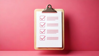 A clipboard displaying a checklist with checkmarks and blank lines, set against a vibrant pink background.