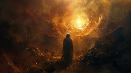 Fototapeta premium A man stands in front of a glowing yellow object in a dark, mysterious landscape