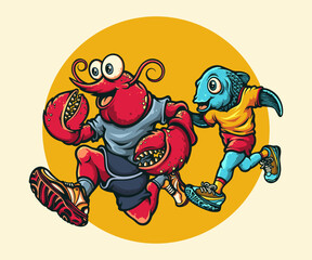 lobster and fish mascot running illustration