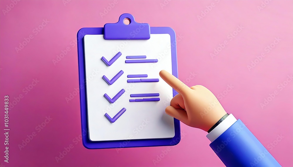 Poster a colorful checklist with checkmarks, indicating tasks completed, with a hand pointing at it against