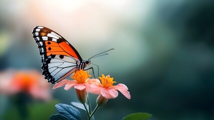 Fototapeta premium Macro photography of a delicate butterfly perching on a vibrant colorful flower showcasing the intricate and mesmerizing patterns of its wings in sharp focus