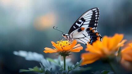 Obraz premium A macro shot showcasing the exquisite beauty of a butterfly resting on a vibrant colorful flower The delicate wing patterns are in sharp focus