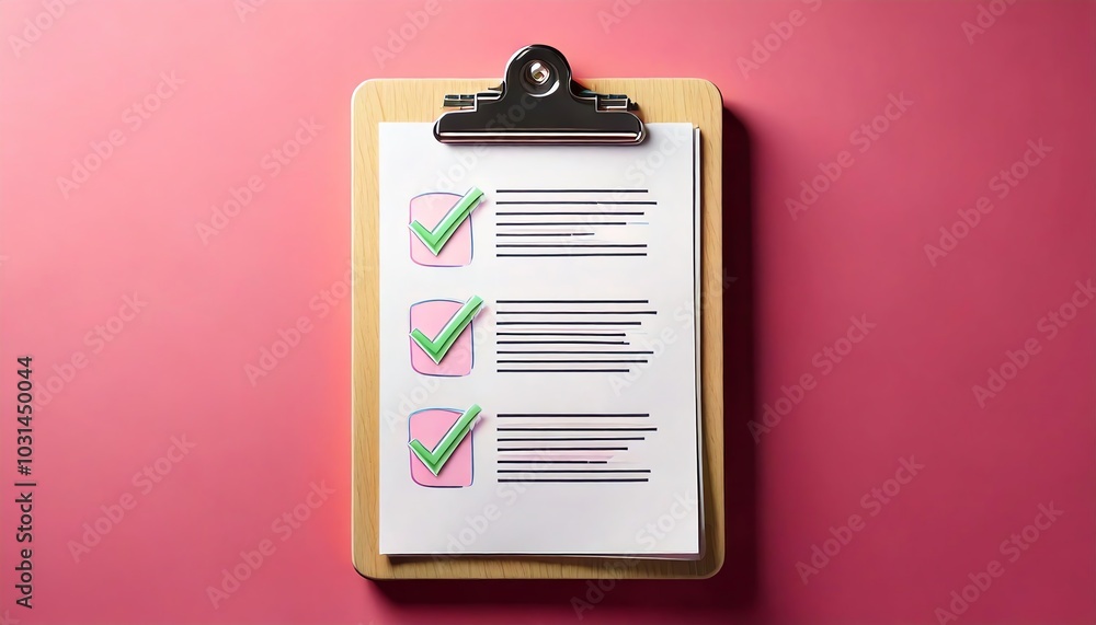 Aufkleber a clipboard with a checklist featuring three completed items highlighted with pink checkmarks agains