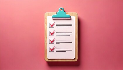 A clipboard with a checklist, featuring checked items against a pink background, symbolizing organization and task completion.