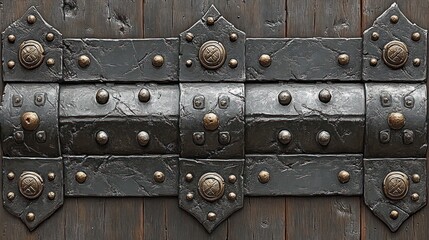 Fototapeta premium Decorative metal hinges on a wooden door, showcasing craftsmanship.