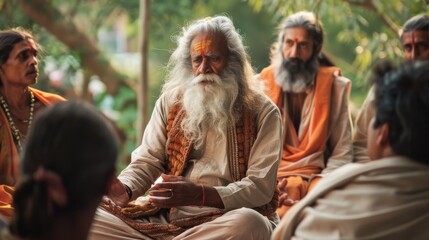Fototapeta premium A man with long white hair sits in a circle with other men