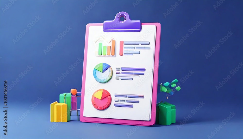 Poster a colorful clipboard displays various charts and graphs, symbolizing data analysis and presentation 