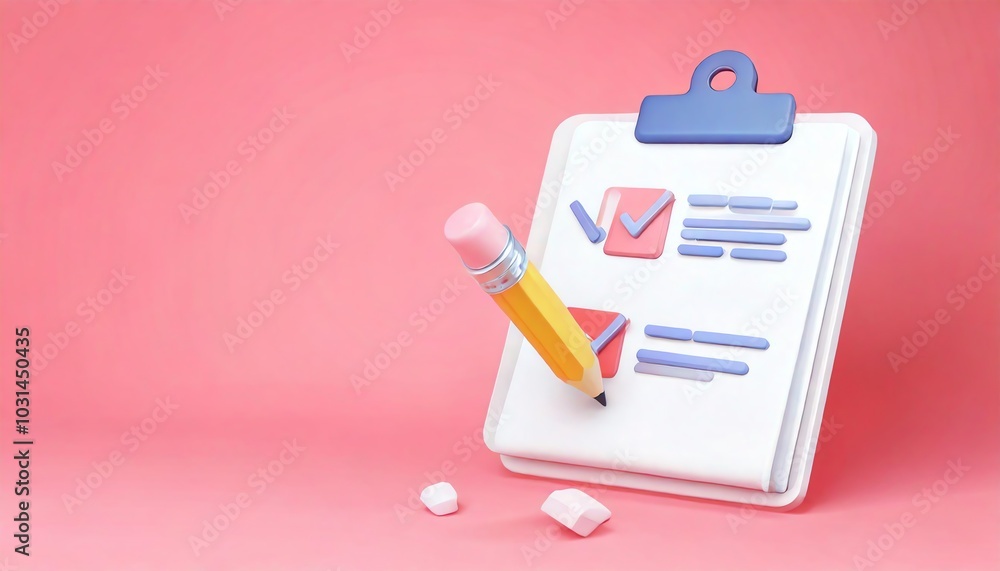 Aufkleber a colorful clipboard with a pencil, featuring checkmarks and notes, set against a pink background, s
