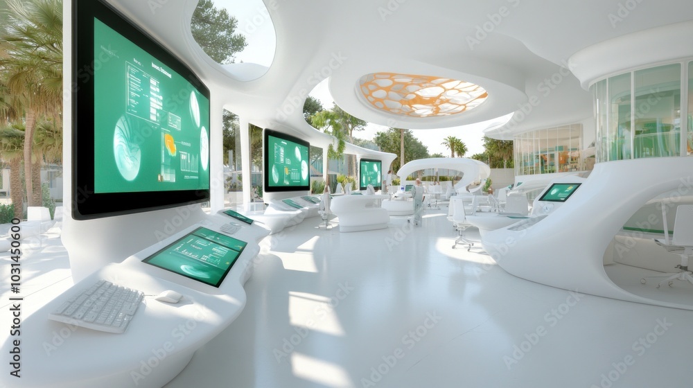 Poster futuristic workspace with sleek design and advanced technology.