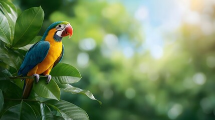 Obraz premium Vibrant tropical jungle scene with colorful exotic birds perched on branches and dense green foliage under a bright blue sky Lush verdant