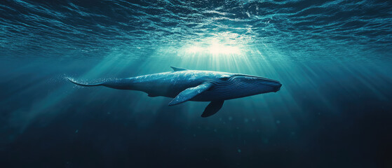 Naklejka premium Blue whale swimming in the middle of the blue ocean seen from the side