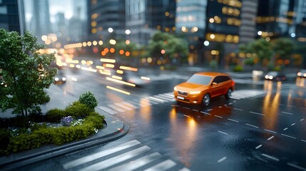 Long exposure shot of a high angle view of a bustling city intersection at night with the bright car headlights and taillights creating dynamic streaks of light across the frame