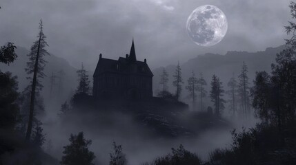 Obraz premium Spooky Halloween landscape, with eerie fog, dark trees, and a haunted house silhouetted against a full moon.