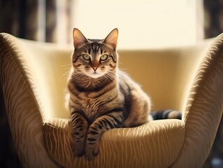 Photo Cat on a chair, room interior in calm tones