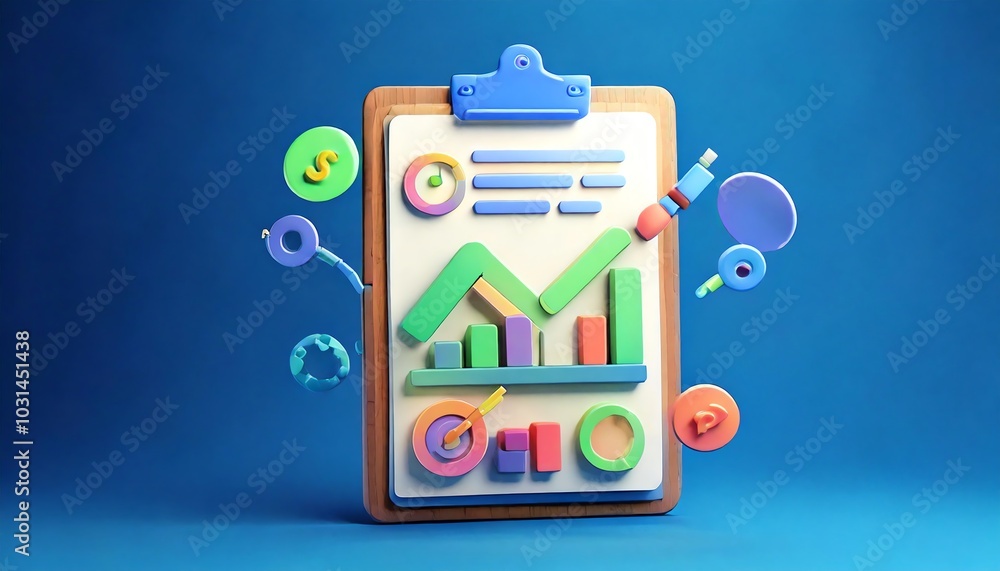 Poster a colorful, 3d-rendered clipboard with graphs and charts, representing data analysis and business me