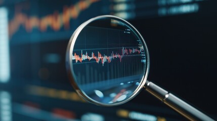 Stock chart seen through a magnifying glass, illustrating detailed insights into market trends and investment strategy.