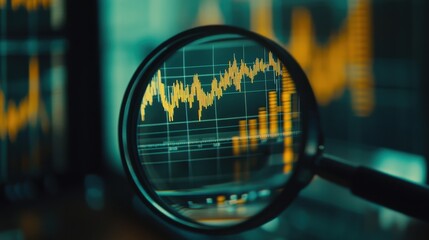 Stock market chart magnified under a glass, representing market insights, investment strategy, and financial analysis.