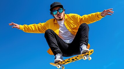 Skateboarder mid air trick yellow jacket blue sky extreme sports
