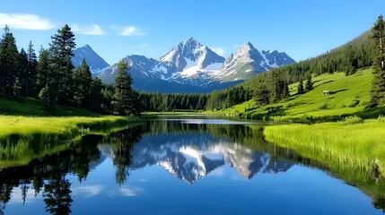 Peaceful mountain cabin nestled amidst towering pine trees with a crystal clear lake reflecting the majestic peaks in the distance creating a serene and picturesque wilderness retreat