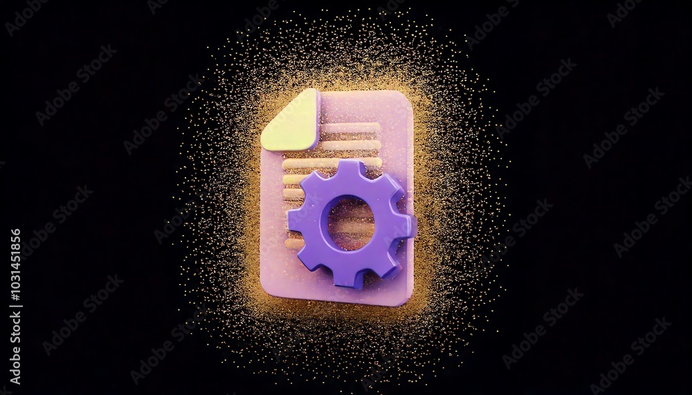 Poster a vibrant, 3d-rendered document icon with a gear, symbolizing automation and customization, set agai