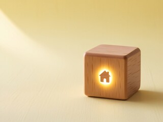 Wooden cube block with home icon, isolated on yellow pastel background with copy space