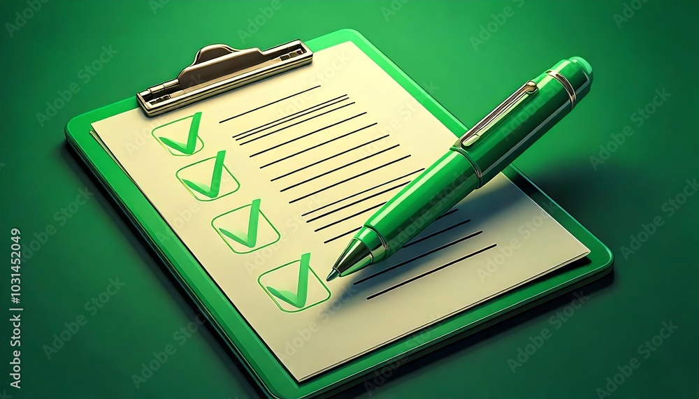 Poster a vibrant green checklist with checked boxes and a pen, symbolizing task completion and organization