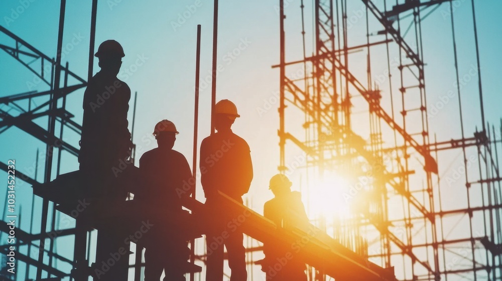 Aufkleber team of construction workers inside a partially built site, illuminated by sunlight filtering throug