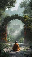 Fototapeta premium A man is sitting in a doorway in a lush green forest