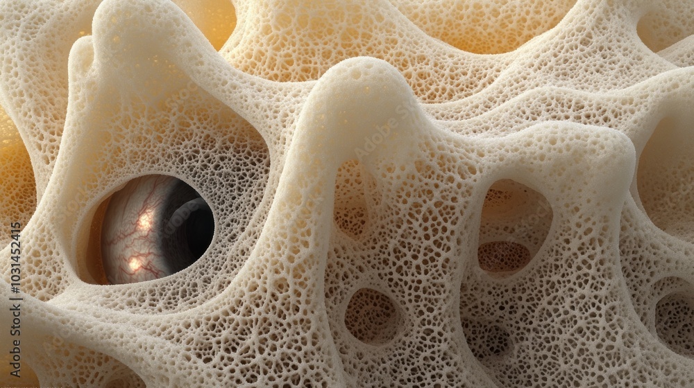 Poster abstract structure resembling porous material with an eye-like feature.