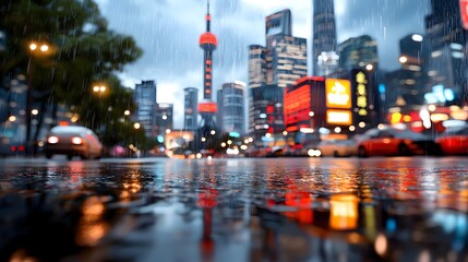 Fototapeta premium Futuristic cityscape at night featuring towering skyscrapers and glowing neon signs that are reflected on the wet streets creating a stunning and atmospheric urban landscape