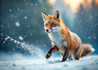 Hello Winter Horizontal Banner Featuring a Fox Running Through a Snowy Landscape in a Vibrant and Cheerful Design