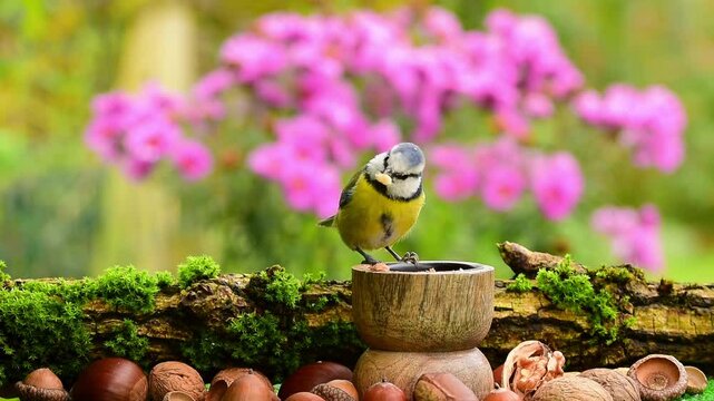 Eurasian blue tit bird (Cyanistes caeruleus) hops on branch and pecks bird food from candle holder jar in autumn.