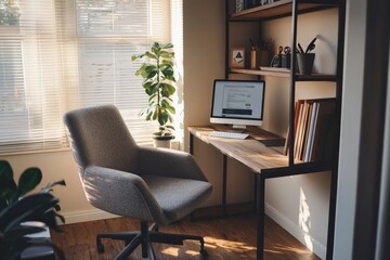 A cozy, minimalist home office corner with natural light, a simple shelf, and a comfortable chair, designed for quiet, focused work.
