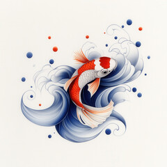 Obraz premium vibrant illustration of Japanese koi fish swimming gracefully through stylized waves, showcasing intricate details and harmonious color palette. dynamic movement of fish and waves evokes sense of